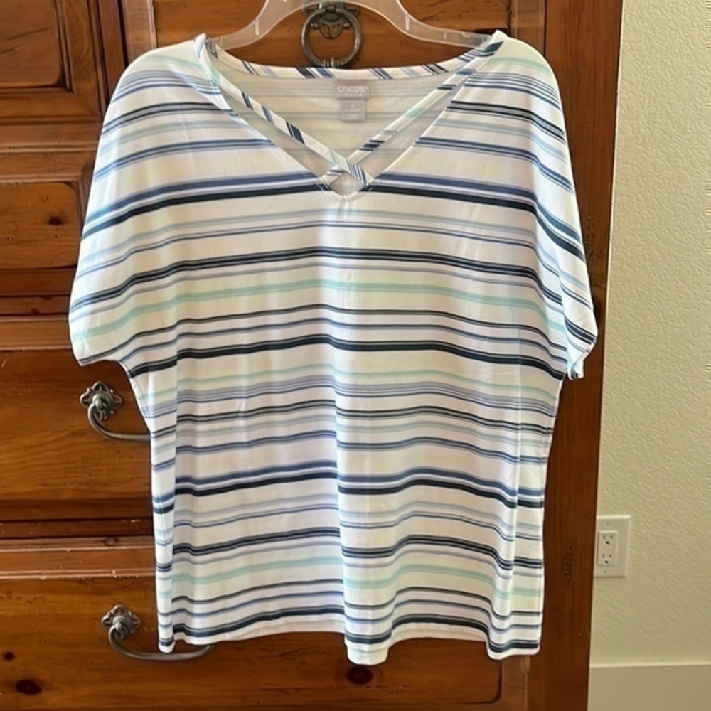 Chico’s Women’s Blue And White Striped Top Size 2 (12) NWOT